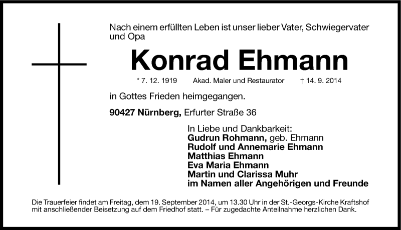  Traueranzeige für Konrad Ehmann vom 17.09.2014 aus Gesamtausgabe Nürnberger Nachrichten/ Nürnberger Ztg.