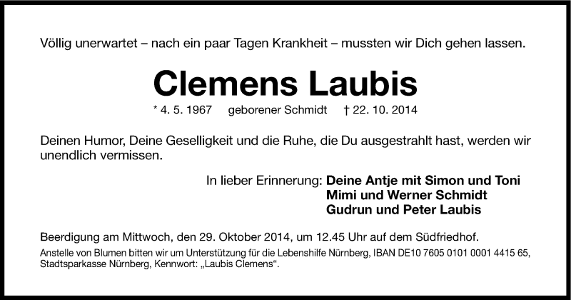  Traueranzeige für Clemens Laubis vom 27.10.2014 aus Gesamtausgabe Nürnberger Nachrichten/ Nürnberger Ztg.