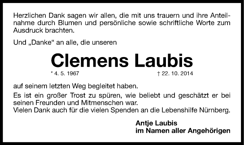  Traueranzeige für Clemens Laubis vom 17.11.2014 aus Gesamtausgabe Nürnberger Nachrichten/ Nürnberger Ztg.