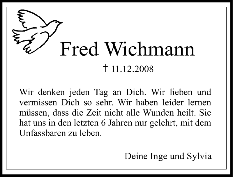  Traueranzeige für Fred Wichmann vom 11.12.2014 aus Erlanger Nachrichten Lokal