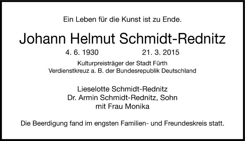  Traueranzeige für Johann Helmut Schmidt-Rednitz vom 04.04.2015 aus Gesamtausgabe Nürnberger Nachrichten/ Nürnberger Ztg.