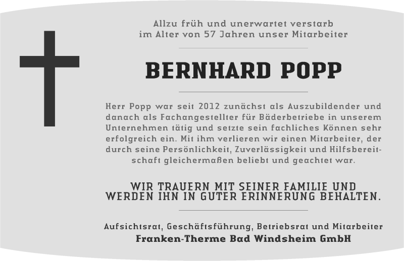  Traueranzeige für Bernhard Popp vom 14.03.2015 aus Fürther Nachrichten Lokal