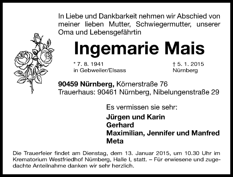  Traueranzeige für Ingemarie Mais vom 08.01.2015 aus Gesamtausgabe Nürnberger Nachrichten/ Nürnberger Ztg.