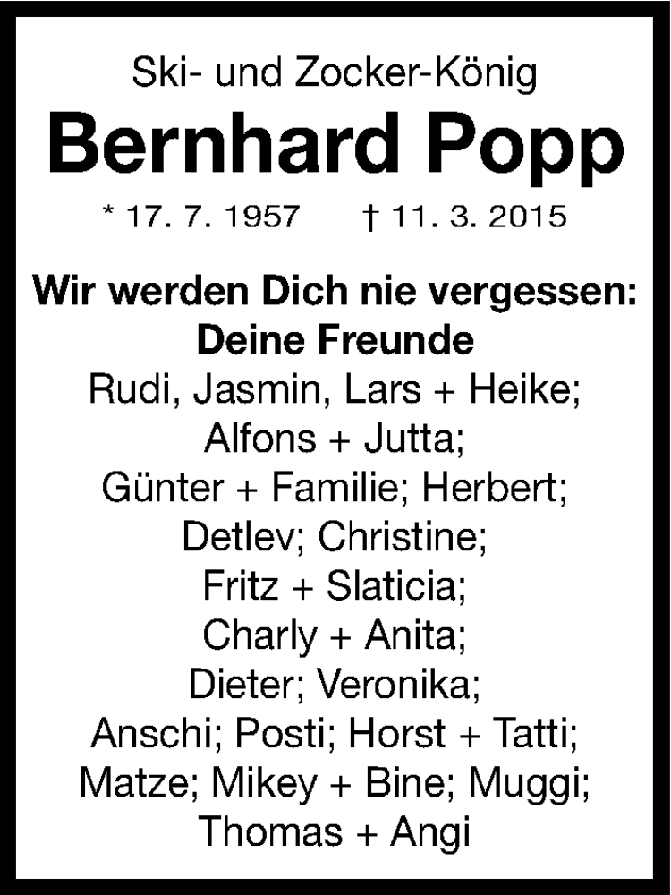  Traueranzeige für Bernhard Popp vom 13.03.2015 aus Gesamtausgabe Nürnberger Nachrichten/ Nürnberger Ztg.
