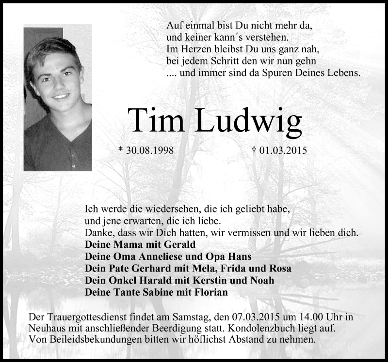  Traueranzeige für Tim Ludwig vom 05.03.2015 aus Nordbayerische Nachrichten Herzogenaurach Lokal