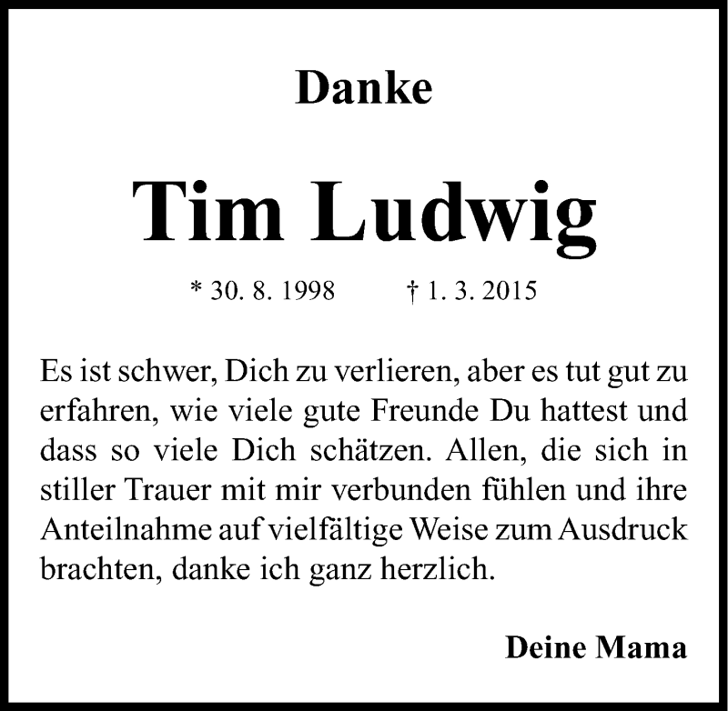  Traueranzeige für Tim Ludwig vom 20.03.2015 aus Nordbayerische Nachrichten Herzogenaurach Lokal