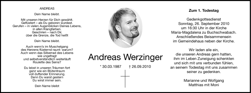  Traueranzeige für Andreas Werzinger vom 25.09.2010 aus Nürnberger Zeitung