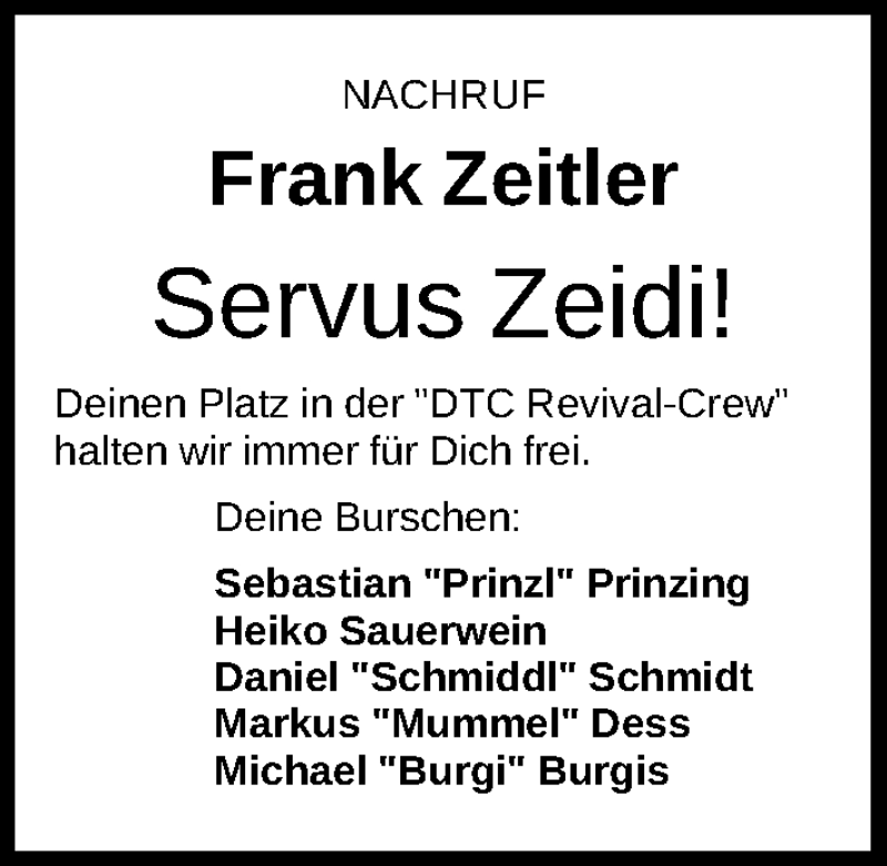  Traueranzeige für Frank Zeitler vom 10.09.2015 aus Gesamtausgabe Nürnberger Nachrichten/ Nürnberger Ztg.