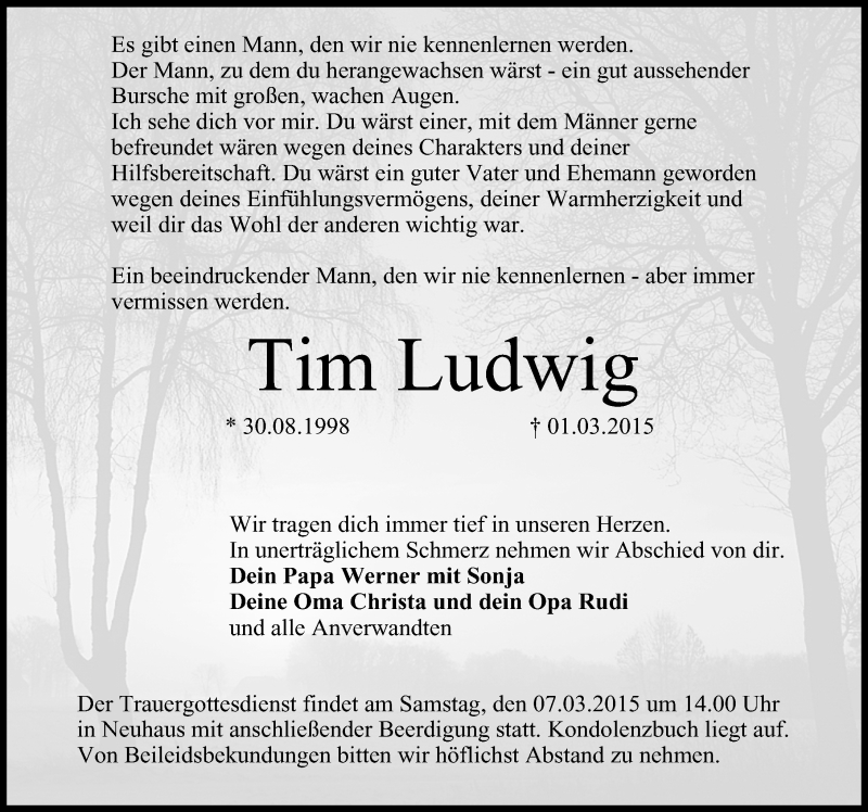  Traueranzeige für Tim Ludwig vom 05.03.2015 aus Nordbayerische Nachrichten Herzogenaurach Lokal