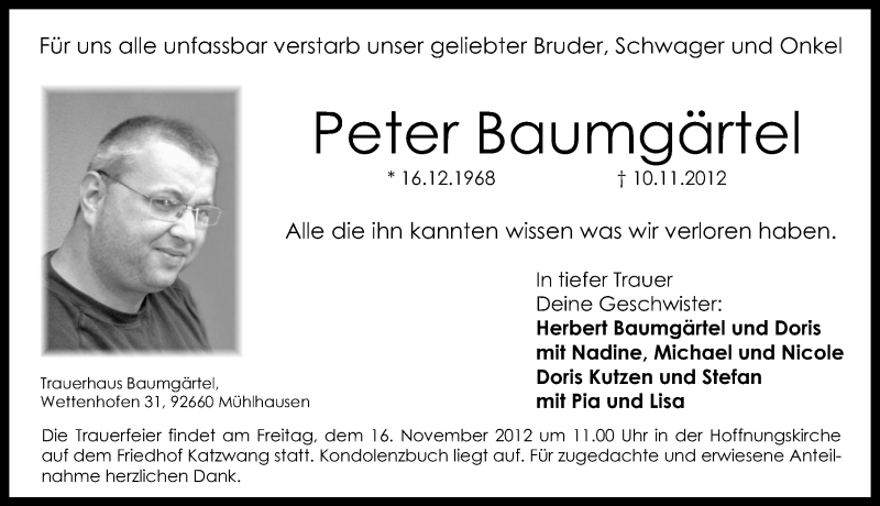  Traueranzeige für Peter Baumgärtel vom 14.11.2012 aus Schwabach