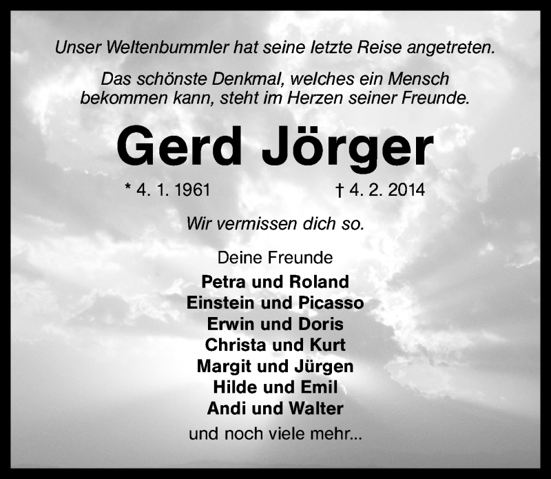  Traueranzeige für Gerd Jörger vom 07.02.2014 aus Schwabach