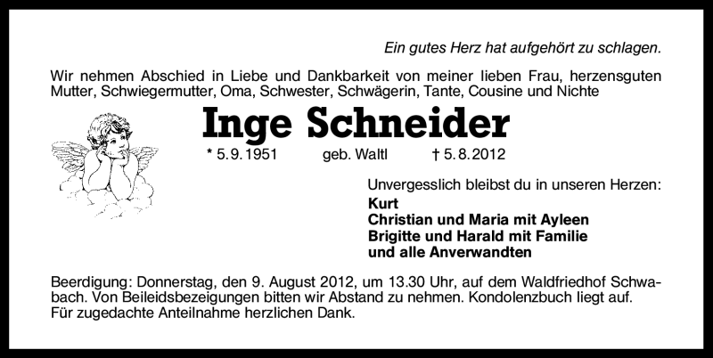  Traueranzeige für Inge Schneider vom 07.08.2012 aus Schwabach