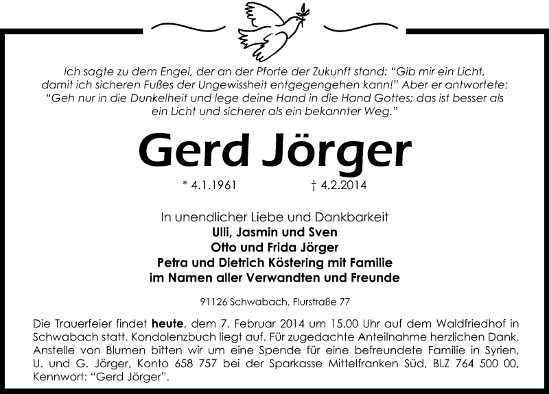  Traueranzeige für Gerd Jörger vom 07.02.2014 aus Schwabach