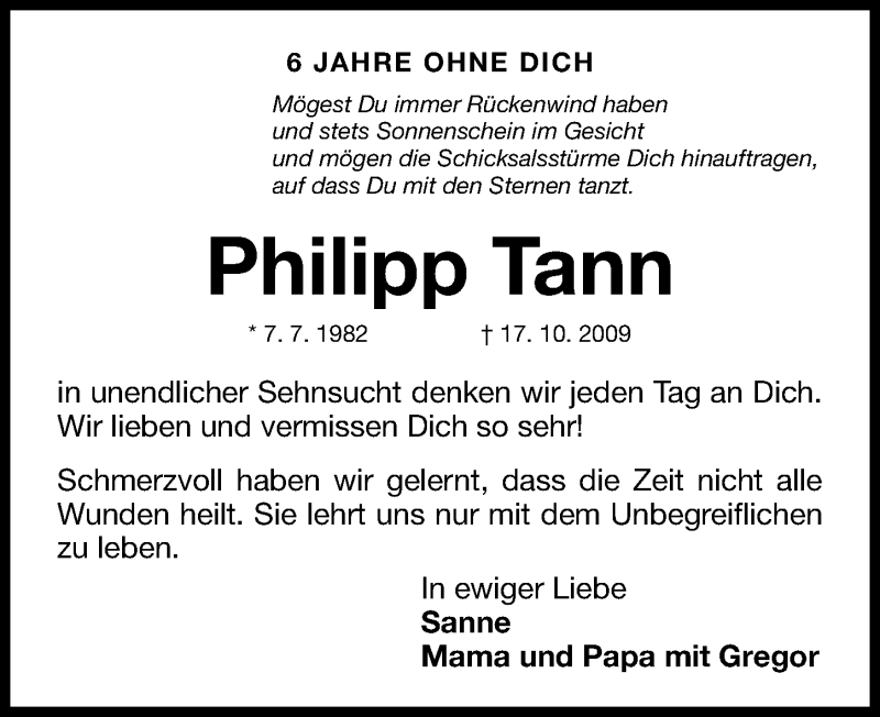  Traueranzeige für Philipp Tann vom 17.10.2015 aus Gesamtausgabe Nürnberger Nachrichten/ Nürnberger Ztg.