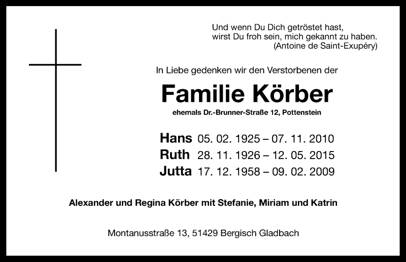  Traueranzeige für Jutta Körber vom 07.11.2015 aus Nordbayer. Nachrichten Forchheim/ Nordbayer. Nachrichten Pegnitz