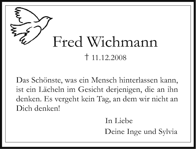  Traueranzeige für Fred Wichmann vom 11.12.2015 aus Erlanger Nachrichten Lokal
