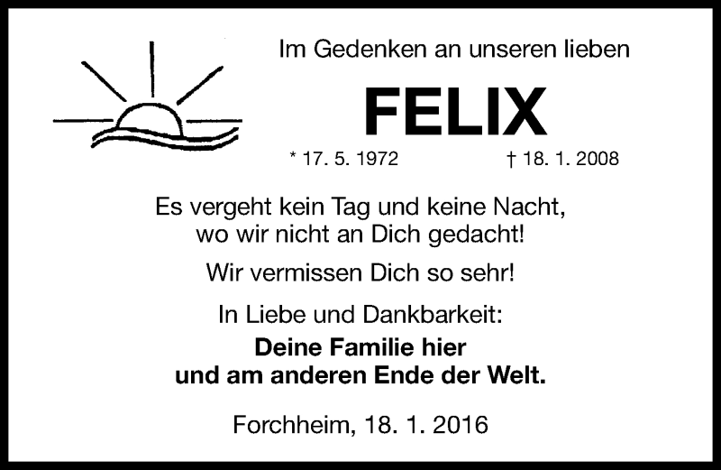  Traueranzeige für Felix  vom 18.01.2016 aus Nordbayerische Nachrichten Forchheim Lokal
