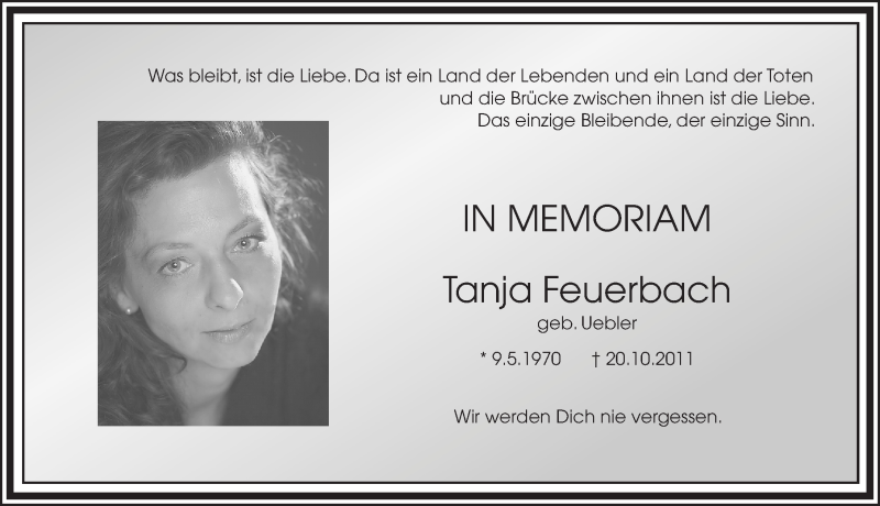  Traueranzeige für Tanja Feuerbach vom 20.10.2016 aus Erlanger Nachrichten Lokal