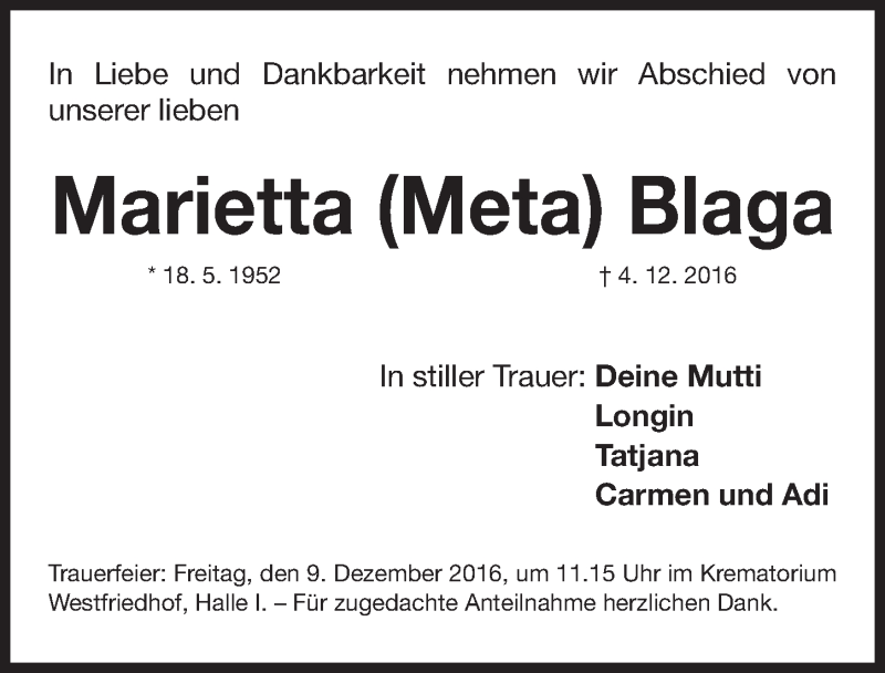  Traueranzeige für Marietta Blaga vom 07.12.2016 aus Gesamtausgabe Nürnberger Nachrichten/ Nürnberger Ztg.