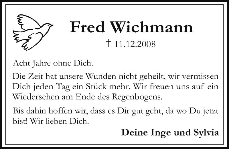  Traueranzeige für Fred Wichmann vom 10.12.2016 aus Erlanger Nachrichten/ Nordbayer. Nachrichten Herzogenaurach