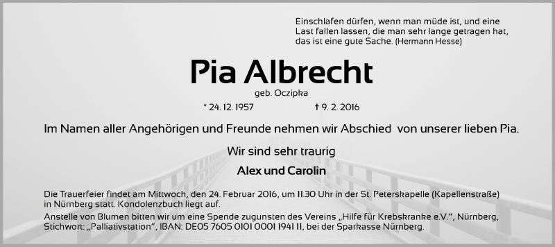  Traueranzeige für Pia Albrecht vom 20.02.2016 aus Gesamtausgabe Nürnberger Nachrichten/ Nürnberger Ztg.