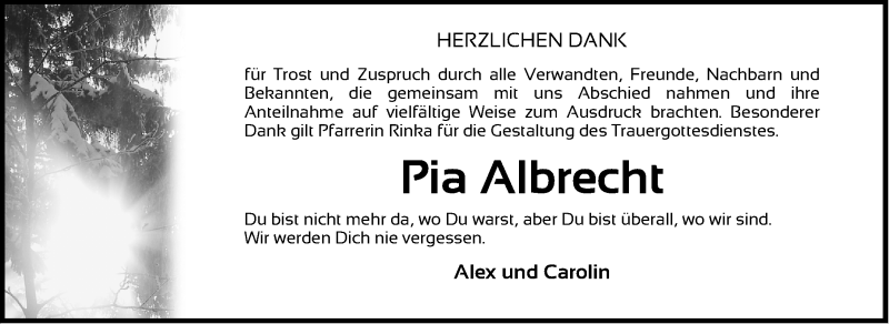  Traueranzeige für Pia Albrecht vom 12.03.2016 aus Gesamtausgabe Nürnberger Nachrichten/ Nürnberger Ztg.