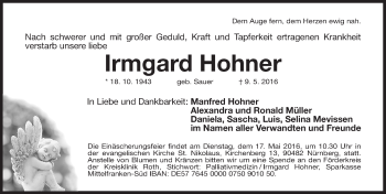 Traueranzeige von Irmgard Hohner von Gesamtausgabe Nürnberger Nachrichten/ Nürnberger Ztg.
