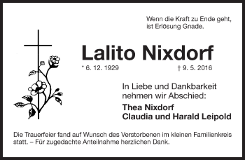 Traueranzeige von Lalito Nixdorf von Gesamtausgabe Nürnberger Nachrichten/ Nürnberger Ztg.