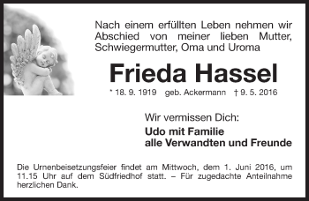 Traueranzeige von Frieda Hassel von Gesamtausgabe Nürnberger Nachrichten/ Nürnberger Ztg.