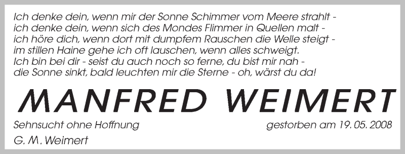  Traueranzeige für Manfred Weimert vom 19.05.2016 aus Gesamtausgabe Nürnberger Nachrichten/ Nürnberger Ztg.