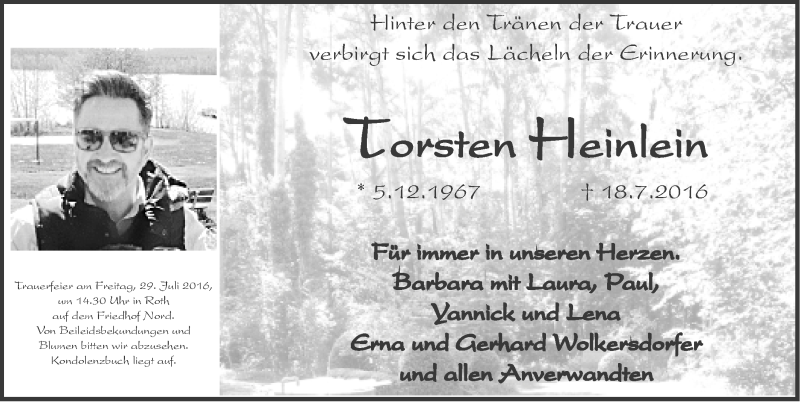 Traueranzeige für Torsten Heinlein vom 27.07.2016 aus Roth-Hilpoltsteiner Volkszeitung Lokal
