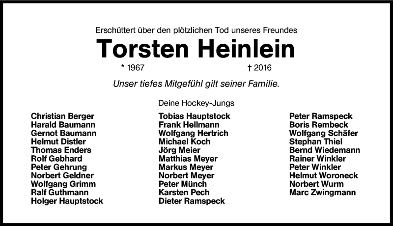  Traueranzeige für Torsten Heinlein vom 29.07.2016 aus Roth-Hilpoltsteiner Volkszeitung Lokal