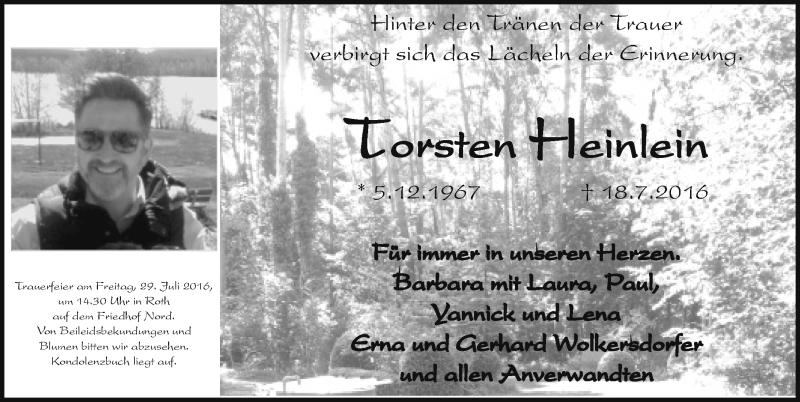  Traueranzeige für Torsten Heinlein vom 27.07.2016 aus Schwabach
