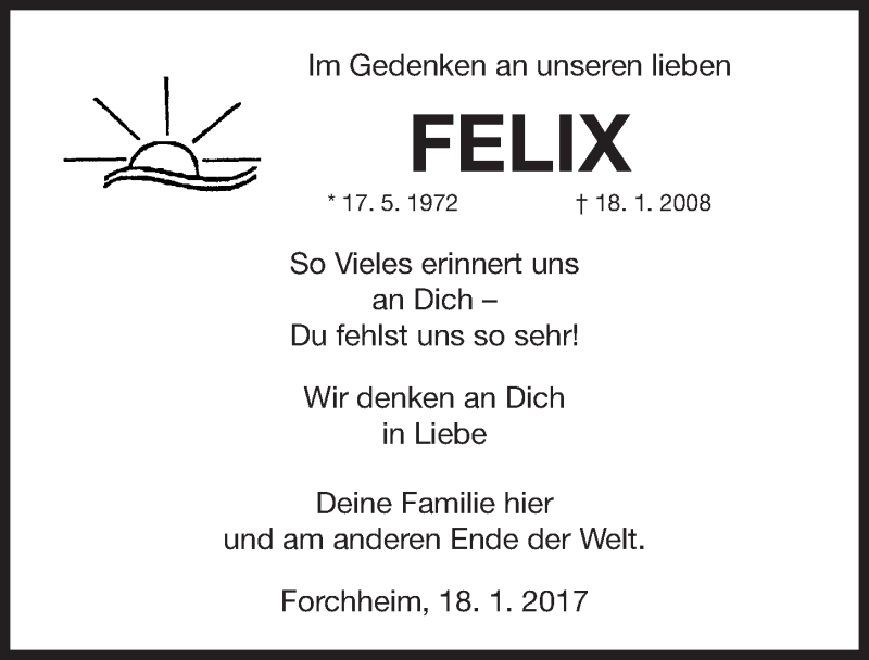 Traueranzeige für Felix  vom 18.01.2017 aus Nordbayerische Nachrichten Forchheim Lokal