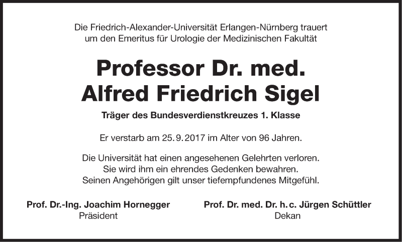  Traueranzeige für Alfred Friedrich Sigel vom 13.10.2017 aus Gesamtausgabe Nürnberger Nachrichten/ Nürnberger Ztg.