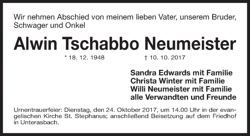  Traueranzeige für Alwin Tschabbo Neumeister vom 20.10.2017 aus Fürther Nachrichten Lokal