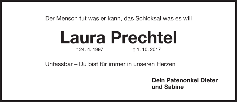  Traueranzeige für Laura Prechtel vom 21.10.2017 aus Roth-Hilpoltsteiner Volkszeitung Lokal