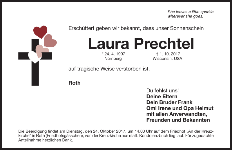  Traueranzeige für Laura Prechtel vom 21.10.2017 aus Roth-Hilpoltsteiner Volkszeitung Lokal