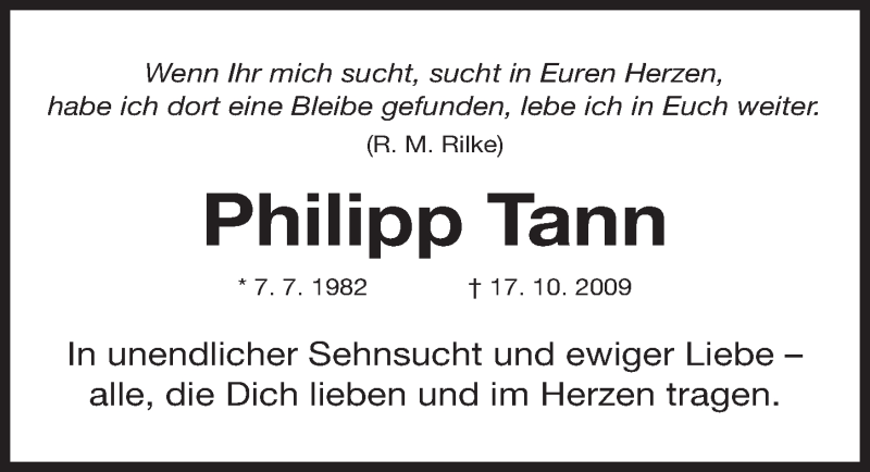  Traueranzeige für Philipp Tann vom 17.10.2017 aus Gesamtausgabe Nürnberger Nachrichten/ Nürnberger Ztg.