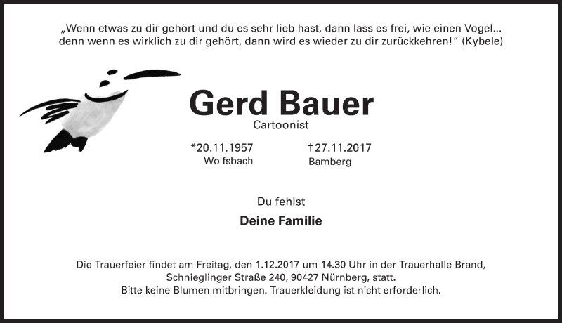  Traueranzeige für Gerd Bauer vom 30.11.2017 aus Gesamtausgabe Nürnberger Nachrichten/ Nürnberger Ztg.