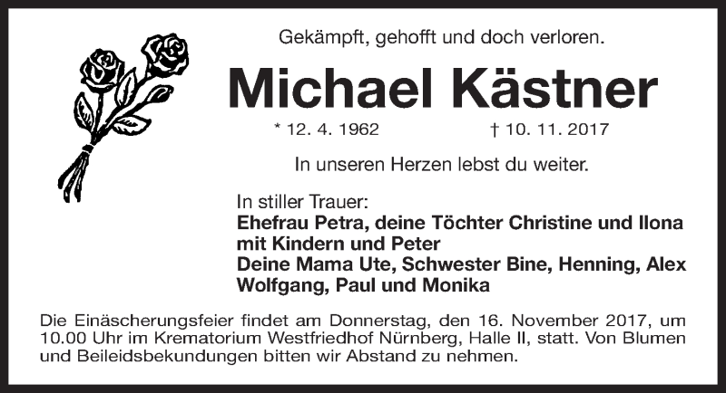  Traueranzeige für Michael Kästner vom 14.11.2017 aus Gesamtausgabe Nürnberger Nachrichten/ Nürnberger Ztg.