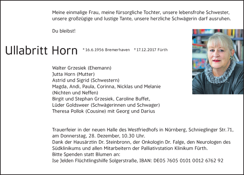  Traueranzeige für Ullabritt Horn vom 23.12.2017 aus Gesamtausgabe Nürnberger Nachrichten/ Nürnberger Ztg.