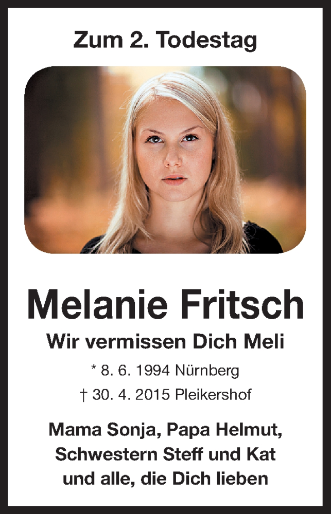  Traueranzeige für Melanie Fritsch vom 29.04.2017 aus Gesamtausgabe Nürnberger Nachrichten/ Nürnberger Ztg.
