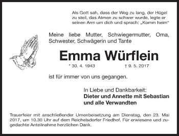 Traueranzeige von Emma Würflein von Gesamtausgabe Nürnberger Nachrichten/ Nürnberger Ztg.