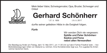 Traueranzeige von Gerhard Schönherr von Gesamtausgabe Nürnberger Nachrichten/ Nürnberger Ztg./ Fürther Nachrichten