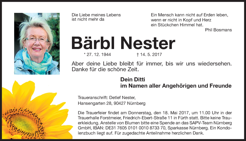  Traueranzeige für Bärbl Nester vom 17.05.2017 aus Gesamtausgabe Nürnberger Nachrichten/ Nürnberger Ztg./ Fürther Nachrichten
