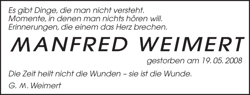  Traueranzeige für Manfred Weimert vom 19.05.2017 aus Gesamtausgabe Nürnberger Nachrichten/ Nürnberger Ztg.