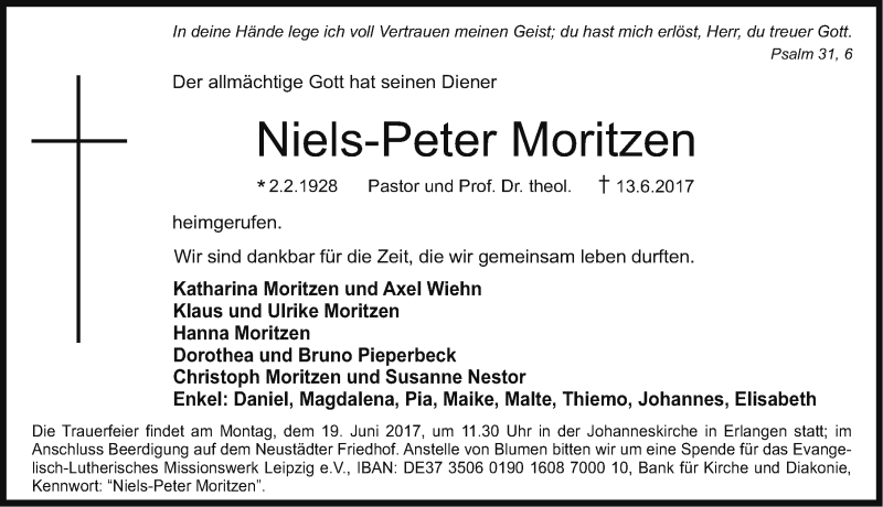  Traueranzeige für Niels-Peter Moritzen vom 15.06.2017 aus Erlanger Nachrichten Lokal