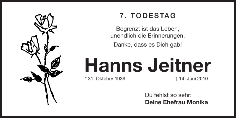  Traueranzeige für Hanns Jeitner vom 17.06.2017 aus Gesamtausgabe Nürnberger Nachrichten/ Nürnberger Ztg.