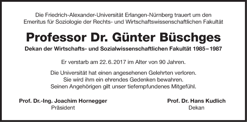  Traueranzeige für Günter Büschges vom 27.06.2017 aus Gesamtausgabe Nürnberger Nachrichten/ Nürnberger Ztg.
